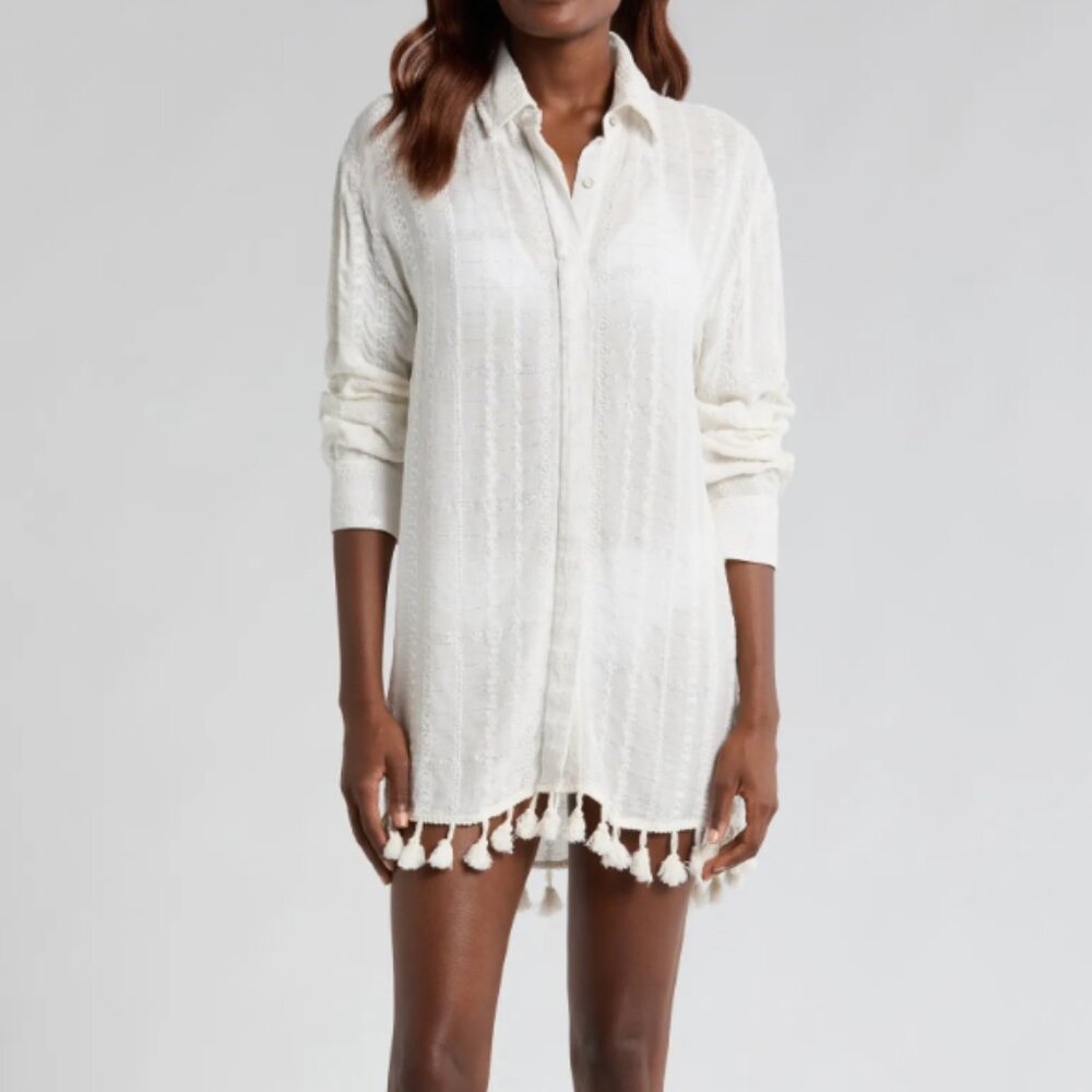 Medium Ramy Brook Roman Metallic Tassel Trim Long Sleeve Semisheer Cover-Up Tuni